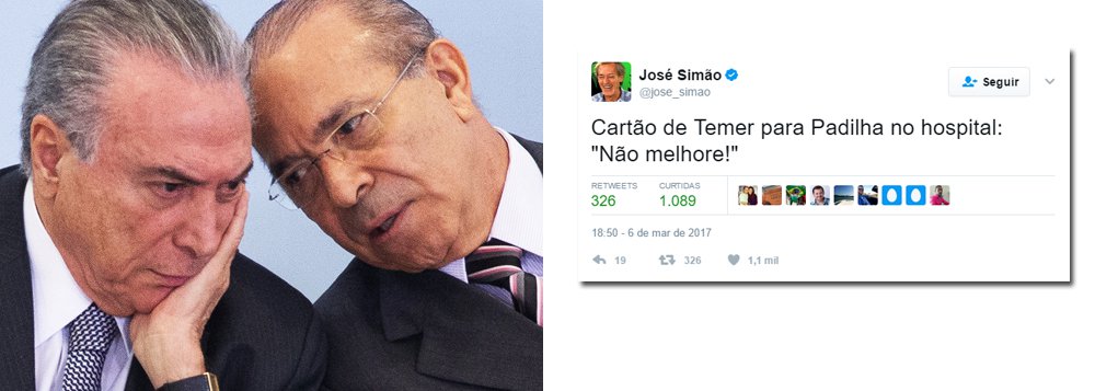 colunista José Simão ironizou nesta terça-feira, 7, o abacaxi que se tornou para Michel Temer o seu braço-direito e "preposto", Eliseu Padilha, ministro da Casa Civil; poelo Twitter, Simão afirmou: "Cartão de Temer para Padilha no hospital: 'Não melhore!'" (Foto: Aquiles Lins) colunista José Simão ironizou nesta terça-feira, 7, o abacaxi que se tornou para Michel Temer o seu braço-direito e "preposto", Eliseu Padilha, ministro da Casa Civil; poelo Twitter, Simão afirmou: "Cartão de Temer para Padilha no hospital: 'Não melhore!'"