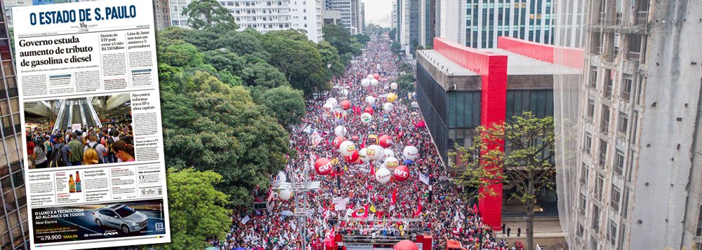 Jornal da família Mesquita decidiu ignorar na primeira página as manifestações desta quarta-feira contra a reforma da Previdência, que levaram mais de 1 milhão de pessoas para as ruas de todo o Brasil; enquanto a Folha de S.Paulo e O Globo deram destaque à insatisfação popular contra os planos de Michel Temer, o Estado de S.Paulo destaca apenas os problemas causados pela greve nos transportes (Foto: Giuliana Miranda) Jornal da família Mesquita decidiu ignorar na primeira página as manifestações desta quarta-feira contra a reforma da Previdência, que levaram mais de 1 milhão de pessoas para as ruas de todo o Brasil; enquanto a Folha de S.Paulo e O Globo deram destaque à insatisfação popular contra os planos de Michel Temer, o Estado de S.Paulo destaca apenas os problemas causados pela greve nos transportes