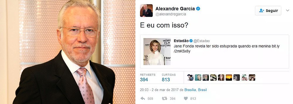 Após o jornalista Alexandre Garcia dizer no Twitter "E eu com isso?" por conta da revelação da atriz americana Jane Fonda, vítima de estupro quando era criança, a jornalista Nathali Macedo escreveu uma carta para seu colega de profissão publicada no DCM; "Você reúne todos os requisitos para ter muito a ver com machismo, misoginia e cultura do estupro"; Nathali disse, ainda, que Alexandre Garcia "tem a ver com isso quando trabalha para a Rede Globo, a emissora mais misógina e golpista da televisão brasileira"; "O desespero da sua emissora é tamanho que ela tem colocado em seus palcos tudo aquilo que sabemos que ela abomina: feministas, gays, lésbicas, travestis, esquerdistas, maconheiros – tudo pela audiência" (Foto: Leonardo Lucena) Após o jornalista Alexandre Garcia dizer no Twitter "E eu com isso?" por conta da revelação da atriz americana Jane Fonda, vítima de estupro quando era criança, a jornalista Nathali Macedo escreveu uma carta para seu colega de profissão publicada no DCM; "Você reúne todos os requisitos para ter muito a ver com machismo, misoginia e cultura do estupro"; Nathali disse, ainda, que Alexandre Garcia "tem a ver com isso quando trabalha para a Rede Globo, a emissora mais misógina e golpista da televisão brasileira"; "O desespero da sua emissora é tamanho que ela tem colocado em seus palcos tudo aquilo que sabemos que ela abomina: feministas, gays, lésbicas, travestis, esquerdistas, maconheiros – tudo pela audiência"