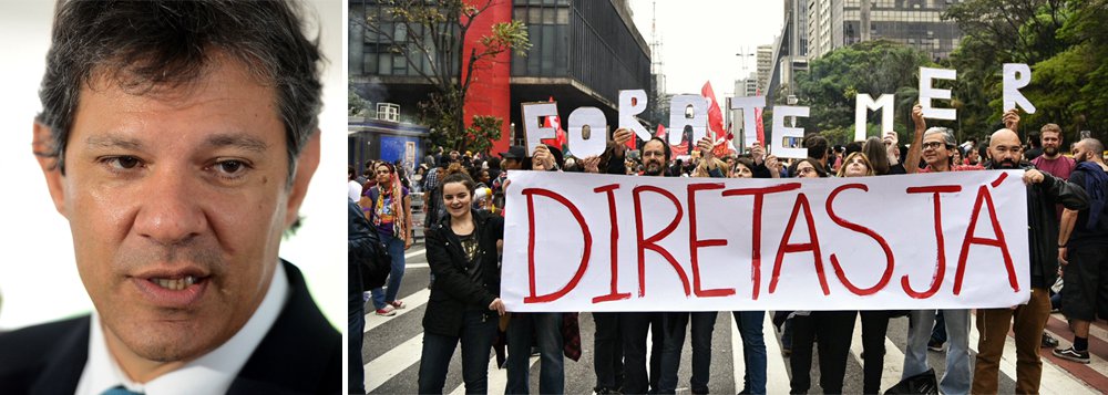Ideia que cresce a cada dia e já é defendida até por parte do PSDB, partido que ajudou a derrubar uma presidente honesta para colocar no governo uma organização criminosa, o ex-prefeito de São Paulo, Fernando Haddad, é contundente em sua defesa sobre eleições diretas antecipadas: “Ouvir o povo não pode ser considerado golpe, sob qualquer argumento. Golpe contra quem? Nesse momento a pergunta é essa”; em caso de eleição direta ainda este ano, Haddad defende que o mandato seja de cinco anos (Foto: Voney Malta) Ideia que cresce a cada dia e já é defendida até por parte do PSDB, partido que ajudou a derrubar uma presidente honesta para colocar no governo uma organização criminosa, o ex-prefeito de São Paulo, Fernando Haddad, é contundente em sua defesa sobre eleições diretas antecipadas: “Ouvir o povo não pode ser considerado golpe, sob qualquer argumento. Golpe contra quem? Nesse momento a pergunta é essa”; em caso de eleição direta ainda este ano, Haddad defende que o mandato seja de cinco anos