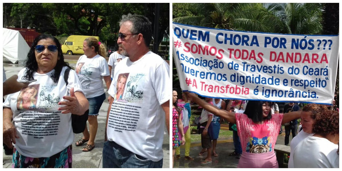 O movimento LGBT realiza na manhã de hoje (10) um ato público contra a transfobia e em repúdio aos crimes cometidos contra as pessoas trans, em Fortaleza, nos últimos dias, em particular o assassinato de Dandara dos Santos e as agressões à Erika Isidoro.Com apitos, faixas, cartazes e bandeiras do movimento LGBT, os manifestantes vão fazer uma caminhada em direção ao Palácio da Abolição para cobrar políticas públicas e segurança para os travestis. A família de Dandara dos Santos está participando do evento usando camisas que denunciam o crime brutal que a vitimou (Foto: Fatima 247) O movimento LGBT realiza na manhã de hoje (10) um ato público contra a transfobia e em repúdio aos crimes cometidos contra as pessoas trans, em Fortaleza, nos últimos dias, em particular o assassinato de Dandara dos Santos e as agressões à Erika Isidoro.Com apitos, faixas, cartazes e bandeiras do movimento LGBT, os manifestantes vão fazer uma caminhada em direção ao Palácio da Abolição para cobrar políticas públicas e segurança para os travestis. A família de Dandara dos Santos está participando do evento usando camisas que denunciam o crime brutal que a vitimou
