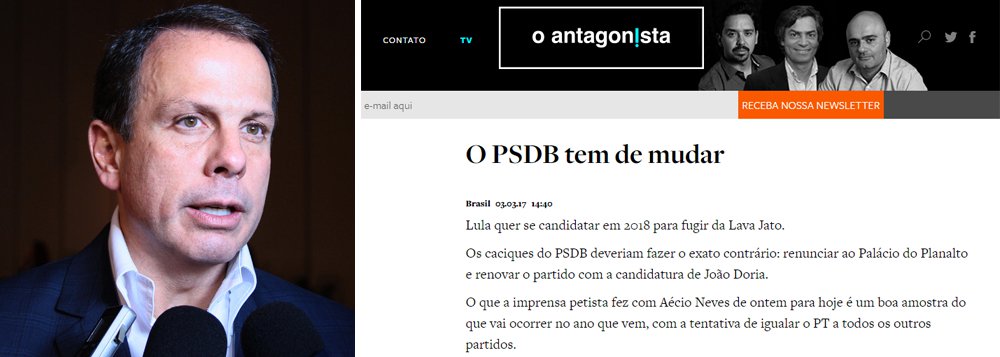 "Lula quer se candidatar em 2018 para fugir da Lava Jato. Os caciques do PSDB deveriam fazer o exato contrário: renunciar ao Palácio do Planalto e renovar o partido com a candidatura de João Doria", defende O Antagonista em nota publicada nesta sexta-feira 3 (Foto: Gisele Federicce) "Lula quer se candidatar em 2018 para fugir da Lava Jato. Os caciques do PSDB deveriam fazer o exato contrário: renunciar ao Palácio do Planalto e renovar o partido com a candidatura de João Doria", defende O Antagonista em nota publicada nesta sexta-feira 3