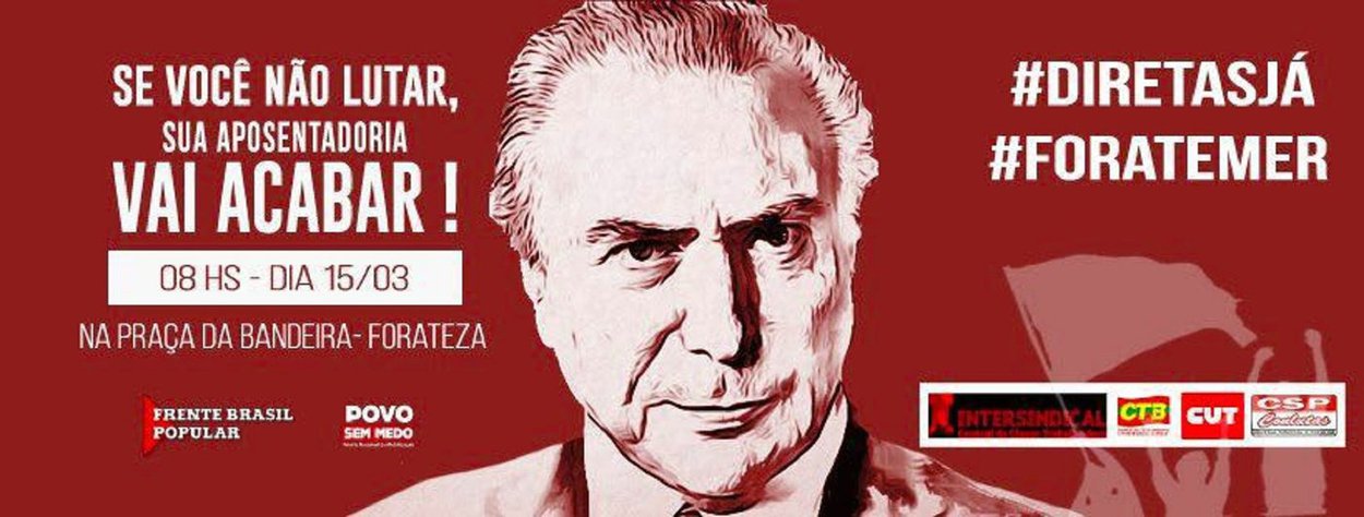 Em Fortaleza, o ato está sendo organizado pelas principais centrais sindicais, entre elas a CUT e a CTB, federações sindicais, partidos políticos, movimentos sociais e populares e pelas Frentes Brasil Popular e Povo Sem Medo, tendo como palavras de ordem "Nenhum Direito a Menos" e "Fora Temer". A concentração está marcada para as 8h, na Praça Clóvis Beviláqua, em frente a Faculdade de Direito da UFC, de onde os manifestantes deverão seguir em caminhada pelas principais ruas do centro da cidade, culminando com um grande ato político na Praça do Ferreira (Foto: Fatima 247) Em Fortaleza, o ato está sendo organizado pelas principais centrais sindicais, entre elas a CUT e a CTB, federações sindicais, partidos políticos, movimentos sociais e populares e pelas Frentes Brasil Popular e Povo Sem Medo, tendo como palavras de ordem "Nenhum Direito a Menos" e "Fora Temer". A concentração está marcada para as 8h, na Praça Clóvis Beviláqua, em frente a Faculdade de Direito da UFC, de onde os manifestantes deverão seguir em caminhada pelas principais ruas do centro da cidade, culminando com um grande ato político na Praça do Ferreira