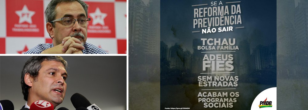 "Os usurpadores perderam completamente o senso do ridículo. Na falta de qualquer justificativa plausível para impor a exdrúxula "reforma" da Previdência, resolveram pela via da marquetagem assombrar a população", criticou o vice-presidente e secretário de Comunicação do PT, Alberto Cantalice, a respeito da propaganda em que o PMDB diz que programas sociais irão acabar se o texto da reforma não for aprovado; senador Lindbergh Farias (PT-RJ) chamou o anúncio de "picaretagem" (Foto: Gisele Federicce) "Os usurpadores perderam completamente o senso do ridículo. Na falta de qualquer justificativa plausível para impor a exdrúxula "reforma" da Previdência, resolveram pela via da marquetagem assombrar a população", criticou o vice-presidente e secretário de Comunicação do PT, Alberto Cantalice, a respeito da propaganda em que o PMDB diz que programas sociais irão acabar se o texto da reforma não for aprovado; senador Lindbergh Farias (PT-RJ) chamou o anúncio de "picaretagem"