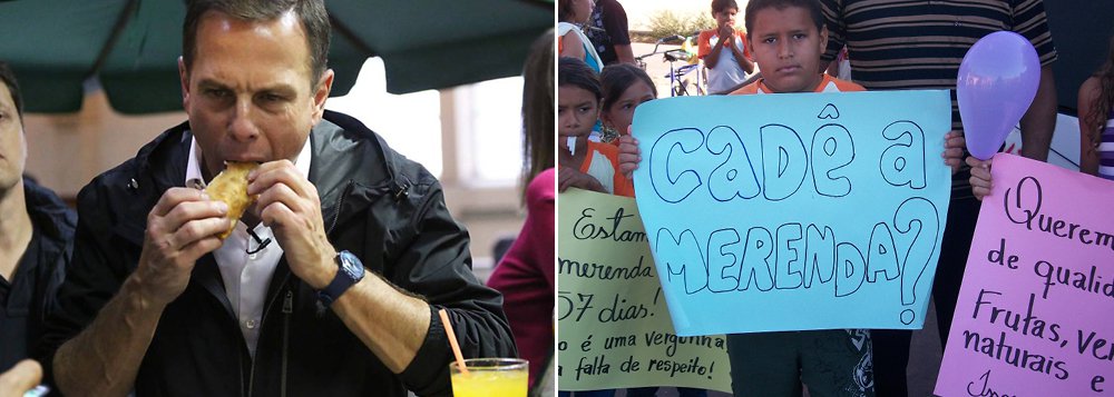 O prefeito de São Paulo, João Doria (PSDB), disse que a falta de merenda nas escolas municipais não significa que ele está cortando, mas "readaptando" a alimentação das crianças; "O programa prevê racionamento apenas no consumo de alimentos que podem fazer mal a saúde se ingeridos em excesso, como doces ou lanches industrializados", escreveu Doria; na semana passada, a professora Marcella Campos, diretora da Apeoesp, fez uma denúncia sobre o racionamento de merenda; o vídeo gerou revolta e provocou uma enxurrada de protestos na página do tucano no Facebook (Foto: Romulo Faro) O prefeito de São Paulo, João Doria (PSDB), disse que a falta de merenda nas escolas municipais não significa que ele está cortando, mas "readaptando" a alimentação das crianças; "O programa prevê racionamento apenas no consumo de alimentos que podem fazer mal a saúde se ingeridos em excesso, como doces ou lanches industrializados", escreveu Doria; na semana passada, a professora Marcella Campos, diretora da Apeoesp, fez uma denúncia sobre o racionamento de merenda; o vídeo gerou revolta e provocou uma enxurrada de protestos na página do tucano no Facebook