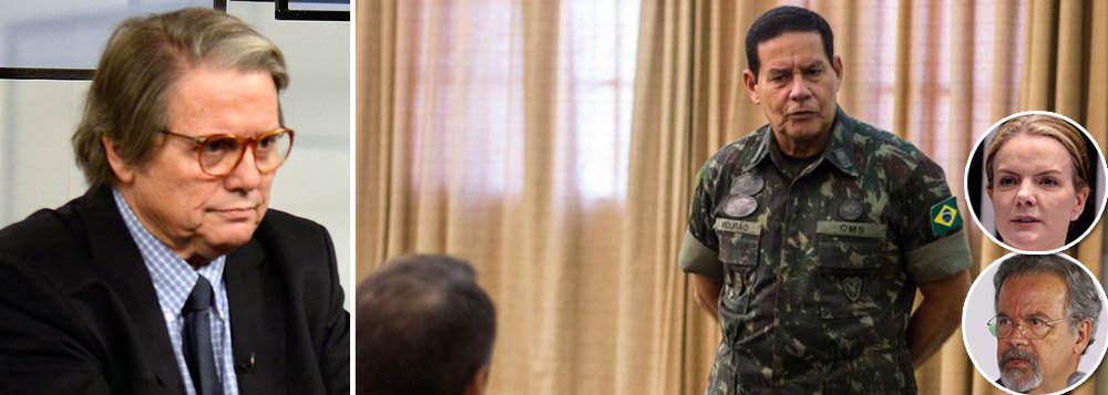 Em seu primeiro comentário em vídeo para a TV 247, Paulo Moreira Leite rebate o general Antônio Hamilton Mourão, secretário de economia e finanças do Exército, que revelou planos de uma intervenção militar no Brasil, caso o Judiciário não consiga remover alguns "elementos" da vida pública brasileira. "A quem ele se refere: ao ex-presidente Lula? Ao Michel Temer? Ao Aécio Neves? Ao Eunício Oliveira? Ao Rodrigo Maia?", questionou; PML também cobrou providências das autoridades pelo que considera um ato de insubordinação do general, lembrando que, até agora, tanto Temer como seu ministro da Defesa, Raul Jungmann, continuam calados; quem se manifestou, por nota, foi a presidente do PT, senadora Gleisi Hoffmann (PT-PR) (Foto: Paulo Moreira Leite) Em seu primeiro comentário em vídeo para a TV 247, Paulo Moreira Leite rebate o general Antônio Hamilton Mourão, secretário de economia e finanças do Exército, que revelou planos de uma intervenção militar no Brasil, caso o Judiciário não consiga remover alguns "elementos" da vida pública brasileira. "A quem ele se refere: ao ex-presidente Lula? Ao Michel Temer? Ao Aécio Neves? Ao Eunício Oliveira? Ao Rodrigo Maia?", questionou; PML também cobrou providências das autoridades pelo que considera um ato de insubordinação do general, lembrando que, até agora, tanto Temer como seu ministro da Defesa, Raul Jungmann, continuam calados; quem se manifestou, por nota, foi a presidente do PT, senadora Gleisi Hoffmann (PT-PR)