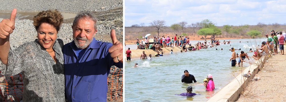 As águas do rio São Francisco que estão chegando ao sertão da região Nordeste por meio das obras de transposição feitas nos governos de Lula e Dilma estão provocando uma onda de emoção e alegria entre a população dos municípios atendidos; em Sertânia, na divisa de Pernambuco com a Paraíba, moradores não resistiram e festejaram na água o momento histórico; região é contemplada pelo Eixo Leste da obra, que tem 217 km de extensão; ao todo, as obras de transposição, realizadas pelos governos Lula e Dilma, vão beneficiar 12 milhões de pessoas em 390 localidades em PE, PB, CE e RN, além de 294 comunidades rurais às margens dos canais; "Se não fosse Lula e Dilma, não teria isso aqui não", diz um morador de Sertânia, ao mostrar a água chegando no reservatório da cidade (Foto: Aquiles Lins) As águas do rio São Francisco que estão chegando ao sertão da região Nordeste por meio das obras de transposição feitas nos governos de Lula e Dilma estão provocando uma onda de emoção e alegria entre a população dos municípios atendidos; em Sertânia, na divisa de Pernambuco com a Paraíba, moradores não resistiram e festejaram na água o momento histórico; região é contemplada pelo Eixo Leste da obra, que tem 217 km de extensão; ao todo, as obras de transposição, realizadas pelos governos Lula e Dilma, vão beneficiar 12 milhões de pessoas em 390 localidades em PE, PB, CE e RN, além de 294 comunidades rurais às margens dos canais; "Se não fosse Lula e Dilma, não teria isso aqui não", diz um morador de Sertânia, ao mostrar a água chegando no reservatório da cidade