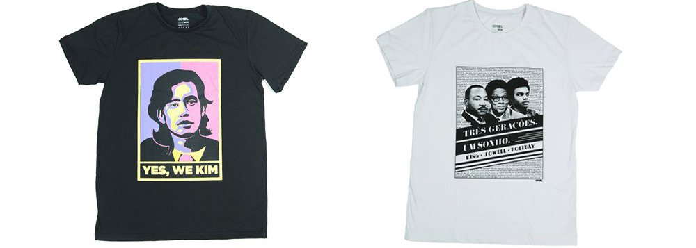 Camiseta "Yes we Kim", com a foto de Kim Kataguiri, líder do Movimento Brasil Livre (MBL), que protagonizou os protestos pelo golpe que tirou Dilma Rousseff do poder, e camiseta "três gerações", que compara o vereador Fernando Holiday com o economista e filósofo político norte-americano Thomas Sowell e o líder do movimento negro dos EUA Martin Luther King, são vendidas a 50 reais pelo Facebook (Foto: Gisele Federicce) Camiseta "Yes we Kim", com a foto de Kim Kataguiri, líder do Movimento Brasil Livre (MBL), que protagonizou os protestos pelo golpe que tirou Dilma Rousseff do poder, e camiseta "três gerações", que compara o vereador Fernando Holiday com o economista e filósofo político norte-americano Thomas Sowell e o líder do movimento negro dos EUA Martin Luther King, são vendidas a 50 reais pelo Facebook