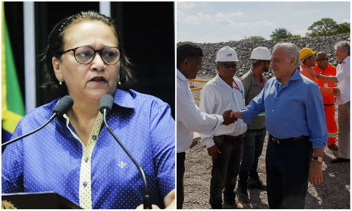 Senadora Fátima Bezerra (PT-RN) criticou nestas segunda-feira 13 o que chamou de "mesquinhez" de Michel Temer por ignorar o PT e os governos Lula e Dilma em seus discursos no Nordeste na semana passada, durante inauguração de um trecho da transposição do rio São Francisco; "É preciso deixar muito claro que se não fosse a ousadia e a determinação dos governos do PT, por meio do presidente Lula e da presidenta Dilma, esse sonho, até hoje, estaria adormecido", destacou (Foto: Gisele Federicce) Senadora Fátima Bezerra (PT-RN) criticou nestas segunda-feira 13 o que chamou de "mesquinhez" de Michel Temer por ignorar o PT e os governos Lula e Dilma em seus discursos no Nordeste na semana passada, durante inauguração de um trecho da transposição do rio São Francisco; "É preciso deixar muito claro que se não fosse a ousadia e a determinação dos governos do PT, por meio do presidente Lula e da presidenta Dilma, esse sonho, até hoje, estaria adormecido", destacou