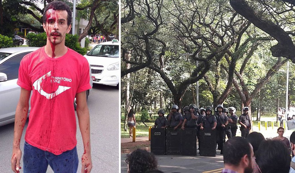 Com violência, policiais militares reprimiram manifestantes que faziam ato na frente da Reitoria da Universidade de São Paulo contra uma medida da instituição que visa impor um limite para o pagamento dos salários de professores e funcionários; os alunos reivindicam que o equilíbrio das contas aconteça por meio da arrecadação do governo estadual, e não pelo teto de gastos; PMs jogaram jogando bombas de gás lacrimogêneo na semana de recepção dos calouros; assista (Foto: Gisele Federicce) Com violência, policiais militares reprimiram manifestantes que faziam ato na frente da Reitoria da Universidade de São Paulo contra uma medida da instituição que visa impor um limite para o pagamento dos salários de professores e funcionários; os alunos reivindicam que o equilíbrio das contas aconteça por meio da arrecadação do governo estadual, e não pelo teto de gastos; PMs jogaram jogando bombas de gás lacrimogêneo na semana de recepção dos calouros; assista