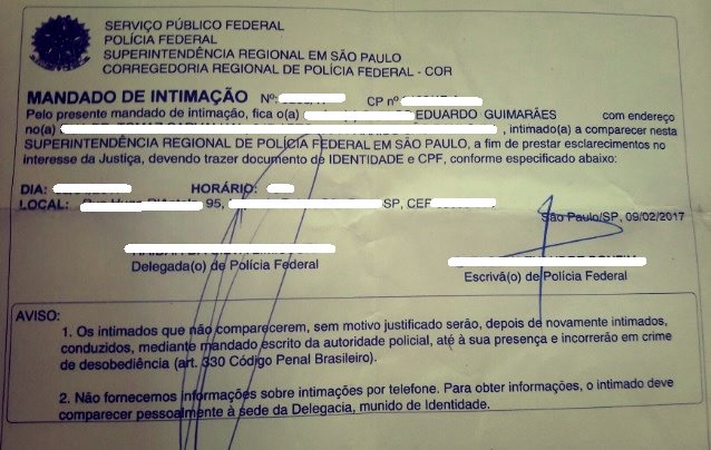 No fim de fevereiro, cerca de uma semana antes do Carnaval, o blogueiro paulistano Eduardo Guimarães recebeu uma intimação da Polícia Federal em sua residência para que compareça perante um delegado para “prestar esclarecimentos no interesse da Justiça” (Foto: Eduardo Guimarães) No fim de fevereiro, cerca de uma semana antes do Carnaval, o blogueiro paulistano Eduardo Guimarães recebeu uma intimação da Polícia Federal em sua residência para que compareça perante um delegado para “prestar esclarecimentos no interesse da Justiça”