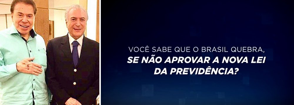 Segundo a Secretaria de Comunicação Social da Presidência da República, não houve contrapartida ou remuneração para produção dos vídeos exibidos pelo SBT em apoio à reforma da Previdência; a assessoria do governo Temer afirmou que Silvio Santos "decidiu apoiar voluntariamente a reforma da Previdência, convencido da importância da pauta"; emissora passou a veicular os vídeos após um jantar entre Temer e Silvio (Foto: Gisele Federicce) Segundo a Secretaria de Comunicação Social da Presidência da República, não houve contrapartida ou remuneração para produção dos vídeos exibidos pelo SBT em apoio à reforma da Previdência; a assessoria do governo Temer afirmou que Silvio Santos "decidiu apoiar voluntariamente a reforma da Previdência, convencido da importância da pauta"; emissora passou a veicular os vídeos após um jantar entre Temer e Silvio