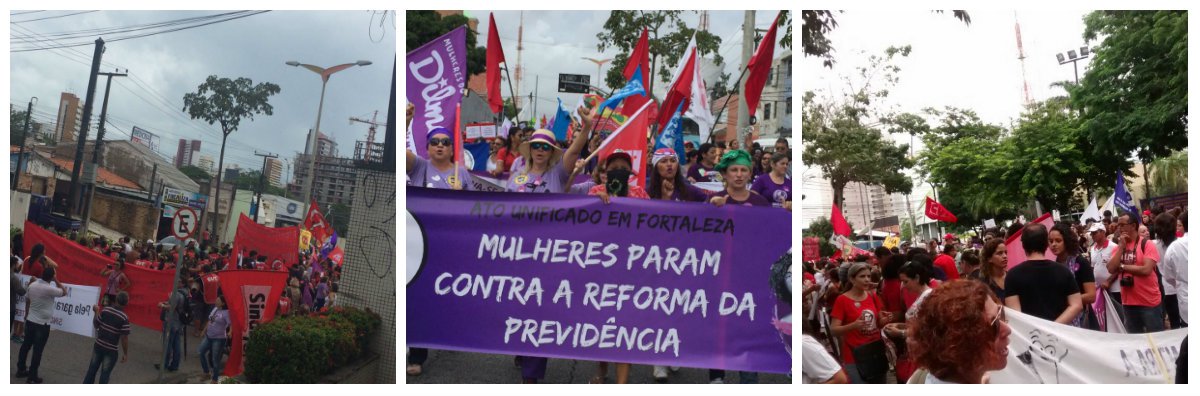 Em Fortaleza, o Dia 8 de Março teve como principal atividade uma caminhada de mulheres, reunindo inúmeras entidades do movimento social que se unificaram em torno da realização desse ato. A concentração começou por volta de 8 horas da manhã, na Praça da Imprensa. Com palavras de ordem e intervenções lúdicas que denunciavam o ataque aos direitos, a caminhada das mulheres desceu pela Av. Desembargador Moreira em direção a sede da agência do INSS, no bairro do Meireles. A principal bandeira de luta, este ano, foi o combate a Reforma da Previdência proposta pelo governo de Michel Temer que atinge principalmente as mulheres, com a retirada de direitos
(Foto: Fatima 247) Em Fortaleza, o Dia 8 de Março teve como principal atividade uma caminhada de mulheres, reunindo inúmeras entidades do movimento social que se unificaram em torno da realização desse ato. A concentração começou por volta de 8 horas da manhã, na Praça da Imprensa. Com palavras de ordem e intervenções lúdicas que denunciavam o ataque aos direitos, a caminhada das mulheres desceu pela Av. Desembargador Moreira em direção a sede da agência do INSS, no bairro do Meireles. A principal bandeira de luta, este ano, foi o combate a Reforma da Previdência proposta pelo governo de Michel Temer que atinge principalmente as mulheres, com a retirada de direitos