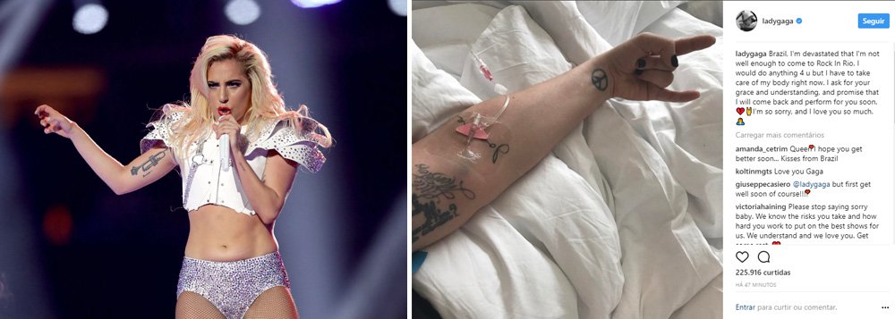 A cantora norte-americana Lady Gaga anunciou nesta quinta-feira (14) o cancelamento da sua apresentação no Rock in Rio, prevista para sexta-feira, como abertura do festival na capital carioca; a artista desistiu do show por conta de uma doença chamada fibromialgia, cujos efeitos são fortes dores musculares em todo o corpo; a cantora será substituída pela banda Maroon 5 (Foto: Charles Nisz) A cantora norte-americana Lady Gaga anunciou nesta quinta-feira (14) o cancelamento da sua apresentação no Rock in Rio, prevista para sexta-feira, como abertura do festival na capital carioca; a artista desistiu do show por conta de uma doença chamada fibromialgia, cujos efeitos são fortes dores musculares em todo o corpo; a cantora será substituída pela banda Maroon 5