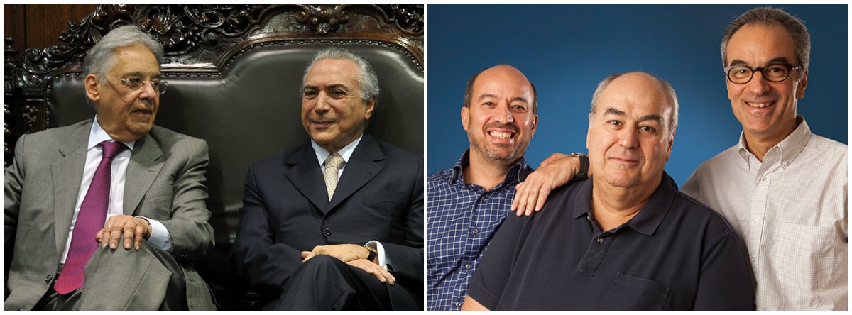 Avalista do golpe de 2016, que destruiu a imagem e a economia brasileira, o ex-presidente Fernando Henrique Cardoso pediu aos donos da Globo que salvem Michel Temer, mesmo ciente de que ele será denunciado por corrupção, organização criminosa e obstrução judicial; Temer age a mando do sistema financeiro, que pretende seguir com suas reformas rejeitadas pela ampla maioria da população; FHC teme a volta da democracia e a eleição de Lula e ignora até a informação de que Temer mandou espionar o ministro Edson Fachin, relator da Lava Jato no Supremo Tribunal Federal; informação sobre o encontro entre FHC e os donos da Globo é do jornalista Andrei Meirelles (Foto: Gisele Federicce) Avalista do golpe de 2016, que destruiu a imagem e a economia brasileira, o ex-presidente Fernando Henrique Cardoso pediu aos donos da Globo que salvem Michel Temer, mesmo ciente de que ele será denunciado por corrupção, organização criminosa e obstrução judicial; Temer age a mando do sistema financeiro, que pretende seguir com suas reformas rejeitadas pela ampla maioria da população; FHC teme a volta da democracia e a eleição de Lula e ignora até a informação de que Temer mandou espionar o ministro Edson Fachin, relator da Lava Jato no Supremo Tribunal Federal; informação sobre o encontro entre FHC e os donos da Globo é do jornalista Andrei Meirelles