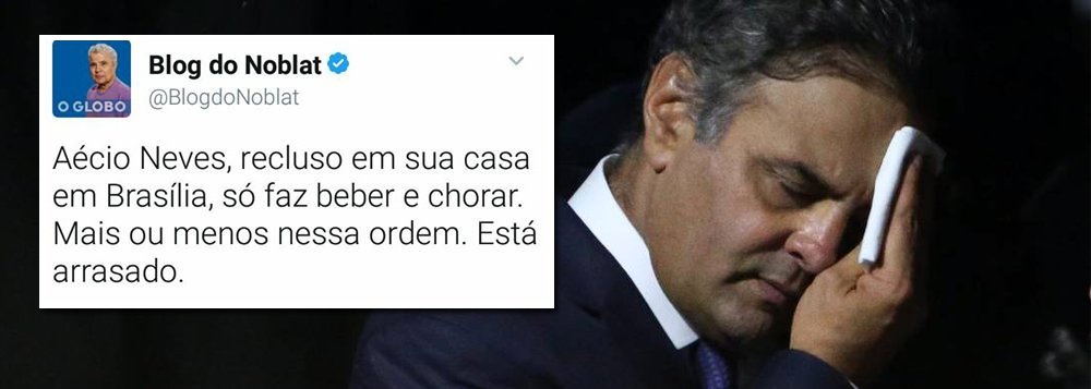Jornalista Ricardo Noblat revela que desde que vieram à tona as gravações feitas pelo empresário Joesley Batista, do grupo JBS, nas quais aparece pedindo R$ 2 milhões em propinas para pagar os advogados que o defendem na Lava Jato, o senador afastado Aécio Neves (PSDB-MG) está cada vez mais recluso; "Aécio Neves recluso em sua casa em Brasília, só faz beber e chorar. Mais ou menos nessa ordem. Está arrasado", postou Noblat no Twitter (Foto: Felipe L. Goncalves) Jornalista Ricardo Noblat revela que desde que vieram à tona as gravações feitas pelo empresário Joesley Batista, do grupo JBS, nas quais aparece pedindo R$ 2 milhões em propinas para pagar os advogados que o defendem na Lava Jato, o senador afastado Aécio Neves (PSDB-MG) está cada vez mais recluso; "Aécio Neves recluso em sua casa em Brasília, só faz beber e chorar. Mais ou menos nessa ordem. Está arrasado", postou Noblat no Twitter