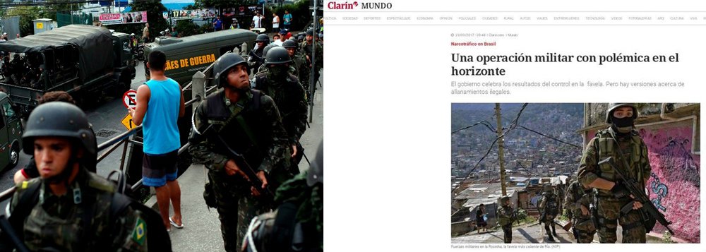 Matéria publicada pelo jornal argentino Clarín questiona a operação militar realizada na comunidade da Rocinha; de acordo com o diário os resultados até o momento não justificam a quantidade de tropas que desde sexta-feira (22) cercam a comunidade; as Forças Armadas chegaram com tanques, veículos blindados, ambulâncias e armamentos para uma guerra, ressalta Clarín (Foto: Leonardo Lucena) Matéria publicada pelo jornal argentino Clarín questiona a operação militar realizada na comunidade da Rocinha; de acordo com o diário os resultados até o momento não justificam a quantidade de tropas que desde sexta-feira (22) cercam a comunidade; as Forças Armadas chegaram com tanques, veículos blindados, ambulâncias e armamentos para uma guerra, ressalta Clarín