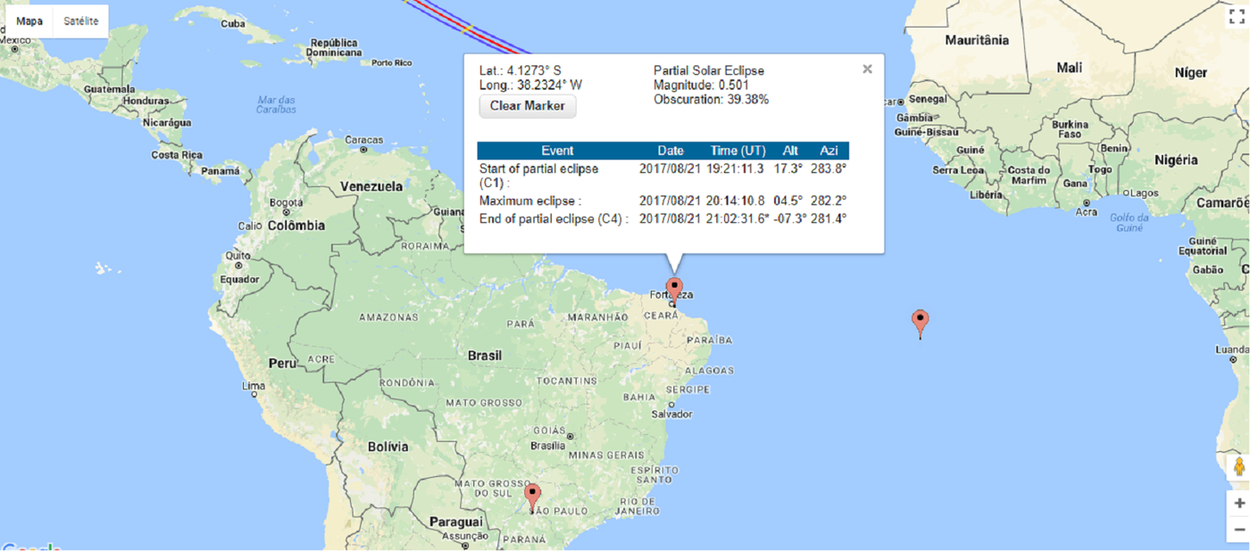 Está previsto para esta segunda-feira (21) um eclipse solar total, que ocorre quando as órbitas do sol e da lua se cruzam e o satélite passa entre o sol e a Terra. Quando a lua cobre o sol, bloqueia os raios solares e faz uma sombra na Terra. No Brasil, os moradores das regiões Norte e Nordeste poderão avistar o fenômeno entre 12h46 e 18h04, horário de Brasília. Em Fortaleza, o fenômeno poderá ser visto ao entardecer. O Colégio Militar do Corpo de Bombeiros estará realizando um "observaço" gratuito e aberto ao público, a partir das 16h. A Lua começa a cobrir o disco solar por volta das 16h20, atingindo a máxima ocultação cerca de uma hora depois. Pouco antes das 17h40, o Sol deverá se pôr ainda parcialmente eclipsado (Foto: Fatima 247) Está previsto para esta segunda-feira (21) um eclipse solar total, que ocorre quando as órbitas do sol e da lua se cruzam e o satélite passa entre o sol e a Terra. Quando a lua cobre o sol, bloqueia os raios solares e faz uma sombra na Terra. No Brasil, os moradores das regiões Norte e Nordeste poderão avistar o fenômeno entre 12h46 e 18h04, horário de Brasília. Em Fortaleza, o fenômeno poderá ser visto ao entardecer. O Colégio Militar do Corpo de Bombeiros estará realizando um "observaço" gratuito e aberto ao público, a partir das 16h. A Lua começa a cobrir o disco solar por volta das 16h20, atingindo a máxima ocultação cerca de uma hora depois. Pouco antes das 17h40, o Sol deverá se pôr ainda parcialmente eclipsado