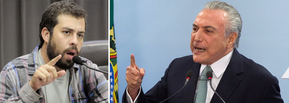 "O pronunciamento do Temer foi lamentável, patético. O medo dele é sair do Palácio do Planalto e ir direto para a prisão. Ele quer tempo para negociar com o Judiciário. Diante disso, teremos uma crise prolongada e não podemos sair das ruas", afirmou Guilherme Boulos, coordenador do MTST, sobre discurso de Michel Temer (PMDB), no qual afirmou que não vai renunciar (Foto: Aquiles Lins) "O pronunciamento do Temer foi lamentável, patético. O medo dele é sair do Palácio do Planalto e ir direto para a prisão. Ele quer tempo para negociar com o Judiciário. Diante disso, teremos uma crise prolongada e não podemos sair das ruas", afirmou Guilherme Boulos, coordenador do MTST, sobre discurso de Michel Temer (PMDB), no qual afirmou que não vai renunciar
