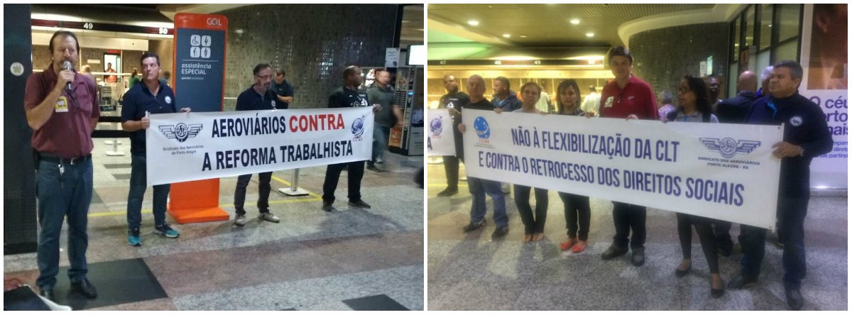 A CUT-RS abriu a semana com mobilização na madrugada desta segunda (20) no Aeroporto Internacional Salgado Filho, em Porto Alegre; integrantes de vários sindicatos e federações filiadas protestaram contra a terceirização e as reformas da Previdência e trabalhista do governo Michel Temer; “Os deputados que votarão a favor dessas propostas, que retiram direitos dos trabalhadores, não terão sossego”, avisou o presidente da entidade, Claudir Nespolo; MPT considerou o projeto inconstitucional (Foto: Leonardo Lucena) A CUT-RS abriu a semana com mobilização na madrugada desta segunda (20) no Aeroporto Internacional Salgado Filho, em Porto Alegre; integrantes de vários sindicatos e federações filiadas protestaram contra a terceirização e as reformas da Previdência e trabalhista do governo Michel Temer; “Os deputados que votarão a favor dessas propostas, que retiram direitos dos trabalhadores, não terão sossego”, avisou o presidente da entidade, Claudir Nespolo; MPT considerou o projeto inconstitucional