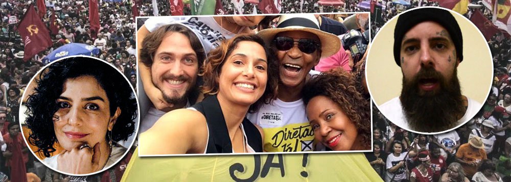 Nas redes sociais, nas ruas, teatros e shows, artistas brasileiros têm se manifestado sobre o atual momento político e defendido eleições diretas como a única saída possível para tirar o Brasil da crise em que se encontra; "A permanência de Michel Temer é insustentável", diz Camila Pitanga; "Nada de indiretas", afirma a atriz Letícia Sabatella; para o músico e ativista Tico Santa Cruz, o País está cansado de polarização; "Está na hora de a gente se unir em torno de uma pauta comum: nosso direito de votar", afirma; veja mais depoimentos de artistas pelas Diretas Já (Foto: Aquiles Lins) Nas redes sociais, nas ruas, teatros e shows, artistas brasileiros têm se manifestado sobre o atual momento político e defendido eleições diretas como a única saída possível para tirar o Brasil da crise em que se encontra; "A permanência de Michel Temer é insustentável", diz Camila Pitanga; "Nada de indiretas", afirma a atriz Letícia Sabatella; para o músico e ativista Tico Santa Cruz, o País está cansado de polarização; "Está na hora de a gente se unir em torno de uma pauta comum: nosso direito de votar", afirma; veja mais depoimentos de artistas pelas Diretas Já