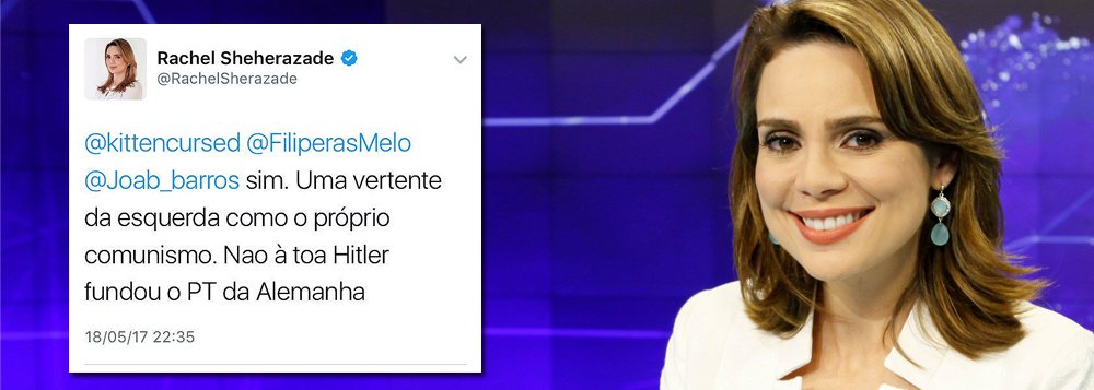 Apresentadora de TV Raquel Sheherazade usou sua conta no Twitter para falar mais uma asneira; desta vez, ela diz "Hitler fundou o PT da Alemanha"; a frase, decorrente de uma discussão, entrou rapidamente nos trend topics do dia; sobre as denúncias envolvendo Michel Temer, a presentadora preferiu o silêncio (Foto: Paulo Emílio) Apresentadora de TV Raquel Sheherazade usou sua conta no Twitter para falar mais uma asneira; desta vez, ela diz "Hitler fundou o PT da Alemanha"; a frase, decorrente de uma discussão, entrou rapidamente nos trend topics do dia; sobre as denúncias envolvendo Michel Temer, a presentadora preferiu o silêncio