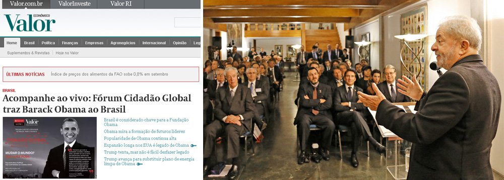 Jornal Valor Econômico, que pertence ao Grupo Globo, organiza fórum no Brasil e convida o ex-presidente dos Estados Unidos Barack Obama, que, como todo ex-presidente, começa a viver de palestras pelo mundo; a mesma Globo, por meio dos jornais O Globo, Valor e de todos os telejornais da emissora, criminalizou as palestras do ex-presidente Lula em vários países, pelas quais recebeu pagamentos em nome de sua empresa, a LILS, mas teve os recursos bloqueados pelo juiz Sergio Moro; com suas palestras, Obama também levanta recursos para seu instituto; ele falou nesta manhã em São Paulo (Foto: Gisele Federicce) Jornal Valor Econômico, que pertence ao Grupo Globo, organiza fórum no Brasil e convida o ex-presidente dos Estados Unidos Barack Obama, que, como todo ex-presidente, começa a viver de palestras pelo mundo; a mesma Globo, por meio dos jornais O Globo, Valor e de todos os telejornais da emissora, criminalizou as palestras do ex-presidente Lula em vários países, pelas quais recebeu pagamentos em nome de sua empresa, a LILS, mas teve os recursos bloqueados pelo juiz Sergio Moro; com suas palestras, Obama também levanta recursos para seu instituto; ele falou nesta manhã em São Paulo