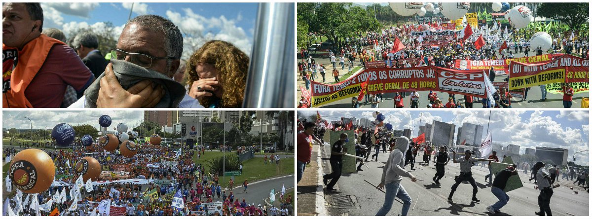 Ato que leva cerca de 150 mil pessoas a protestarem por eleições diretas, pelo Fora Temer e contra as reformas propostas pelo governo federal vem sofrendo repressão da Polícia Militar em Brasília; agentes jogaram bombas de gás lacrimogêneo e efeito moral, que atingiram inclusive parlamentares, e usaram spray de pimenta contra os manifestantes, que caminhavam pacificamente pela capital federal; caravanas de todas as regiões do País, convocadas pelas principais centrais sindicais, marcham até o Congresso Nacional para pressionar os parlamentares pela suspensão da tramitação das reformas da Previdência e Trabalhista; confira a ação violenta da PM nos vídeos (Foto: Aquiles Lins) Ato que leva cerca de 150 mil pessoas a protestarem por eleições diretas, pelo Fora Temer e contra as reformas propostas pelo governo federal vem sofrendo repressão da Polícia Militar em Brasília; agentes jogaram bombas de gás lacrimogêneo e efeito moral, que atingiram inclusive parlamentares, e usaram spray de pimenta contra os manifestantes, que caminhavam pacificamente pela capital federal; caravanas de todas as regiões do País, convocadas pelas principais centrais sindicais, marcham até o Congresso Nacional para pressionar os parlamentares pela suspensão da tramitação das reformas da Previdência e Trabalhista; confira a ação violenta da PM nos vídeos