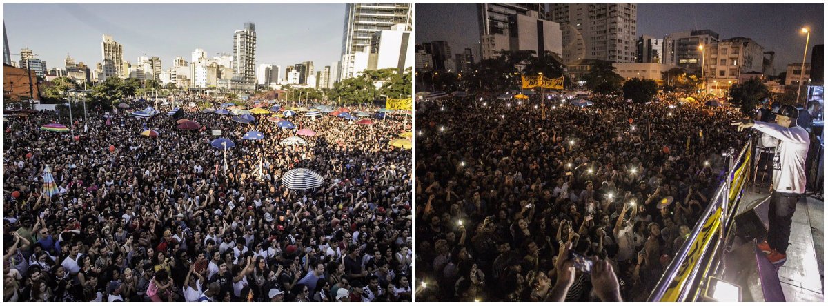 Milhares de manifestantes e artistas participaram neste domingo 4 de um grande ato pela saída de Michel Temer e em defesa de eleições diretas para a escolha do novo presidente da República; passaram pelo palco artistas como Criolo, Emicida, Pitty, Otto, Paulo Miclos, Péricles, Simoninha, Tulipa Ruiz e Maria Gadú, com encerramento de Mano Brown, além de lideranças como Guilherme Boulos e a presidente da UNE, Carina Vitral, e outras personalidades; para a economista Laura Carvalho, que também subiu para falar com a população, não basta tirar Temer e colocar outro Temer; "Não queremos esse Temer nem outro Temer. Mais igualdade a gente conquista com voto", disse; "O Brasil quer escolher seu presidente e, se possível, já", defendeu Chico César, o primeiro a cantar (Foto: Gisele Federicce) Milhares de manifestantes e artistas participaram neste domingo 4 de um grande ato pela saída de Michel Temer e em defesa de eleições diretas para a escolha do novo presidente da República; passaram pelo palco artistas como Criolo, Emicida, Pitty, Otto, Paulo Miclos, Péricles, Simoninha, Tulipa Ruiz e Maria Gadú, com encerramento de Mano Brown, além de lideranças como Guilherme Boulos e a presidente da UNE, Carina Vitral, e outras personalidades; para a economista Laura Carvalho, que também subiu para falar com a população, não basta tirar Temer e colocar outro Temer; "Não queremos esse Temer nem outro Temer. Mais igualdade a gente conquista com voto", disse; "O Brasil quer escolher seu presidente e, se possível, já", defendeu Chico César, o primeiro a cantar