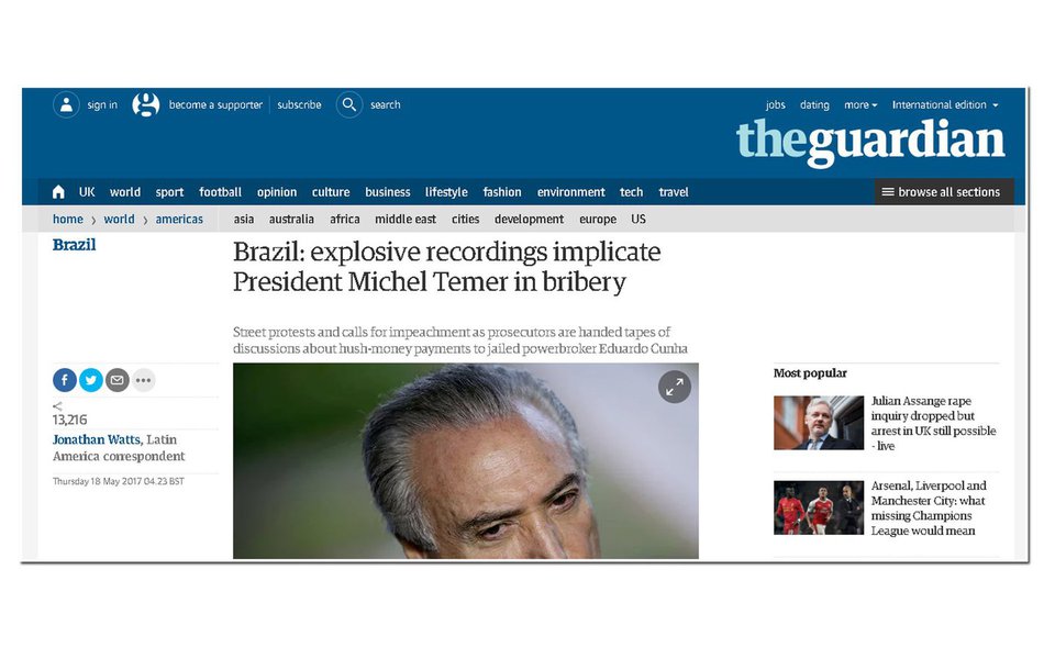 O jornal britânico Guardian repercutiu as gravações da JBS na Europa; se antes o Brasil aparecia na imprensa internacional por crescimento econômico e feitos como a Copa e a Olimpíada, o governo Temer faz do Brasil um vexame internacional (Foto: Charles Nisz) O jornal britânico Guardian repercutiu as gravações da JBS na Europa; se antes o Brasil aparecia na imprensa internacional por crescimento econômico e feitos como a Copa e a Olimpíada, o governo Temer faz do Brasil um vexame internacional