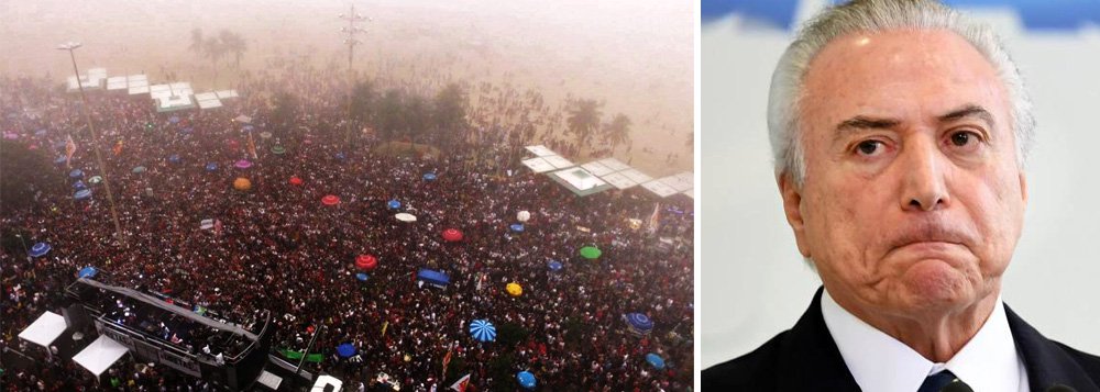 Ato que levou mais de 100 mil pessoas à praia de Copacabana, no Rio de Janeiro, neste domingo (28), para exigir a saída do presidente Michel Temer (PMDB), ganhou destaque na imprensa internacional; "O grito por novas eleições no Brasil toma a praia de Copacabana", destacou o jornal espanhol El País; rede britânica BBC classificou Temer como um "pato manco"(lame duck, no original), expressão usual que identifica presidente em final de mandato com poderes reduzidos, à espera de um sucessor; já o alemão Deutsche Welle, em sua página em inglês, anotou que artistas se uniram aos manifestantes, com destaque para o vencedor do Grammy Caetano Veloso, para pedir a saída de Michel Temer, que é rejeitado por 95% da população (Foto: Aquiles Lins) Ato que levou mais de 100 mil pessoas à praia de Copacabana, no Rio de Janeiro, neste domingo (28), para exigir a saída do presidente Michel Temer (PMDB), ganhou destaque na imprensa internacional; "O grito por novas eleições no Brasil toma a praia de Copacabana", destacou o jornal espanhol El País; rede britânica BBC classificou Temer como um "pato manco"(lame duck, no original), expressão usual que identifica presidente em final de mandato com poderes reduzidos, à espera de um sucessor; já o alemão Deutsche Welle, em sua página em inglês, anotou que artistas se uniram aos manifestantes, com destaque para o vencedor do Grammy Caetano Veloso, para pedir a saída de Michel Temer, que é rejeitado por 95% da população