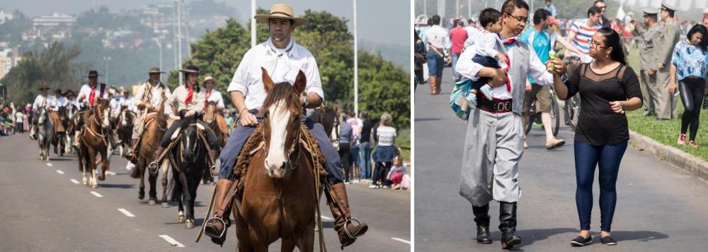 Milhares de pessoas acompanharam as comemorações do Desfile Farroupilha, que celebra as tradições e costumes da cultura gaúcha; nesta data, 20 de setembro, os gaúchos lembram a Revolução Farroupilha, guerra separatista contra o Brasil Império que começou em 1835 e durou dez anos; às margens do Rio Guaíba, parte significativa do público estava pilchada, ou seja, caracterizada com as roupas típicas da cultura gaúcha: os homens de camisa, lenço, bombacha e bota, e as mulheres com longos vestidos de prenda (Foto: Leonardo Lucena) Milhares de pessoas acompanharam as comemorações do Desfile Farroupilha, que celebra as tradições e costumes da cultura gaúcha; nesta data, 20 de setembro, os gaúchos lembram a Revolução Farroupilha, guerra separatista contra o Brasil Império que começou em 1835 e durou dez anos; às margens do Rio Guaíba, parte significativa do público estava pilchada, ou seja, caracterizada com as roupas típicas da cultura gaúcha: os homens de camisa, lenço, bombacha e bota, e as mulheres com longos vestidos de prenda
