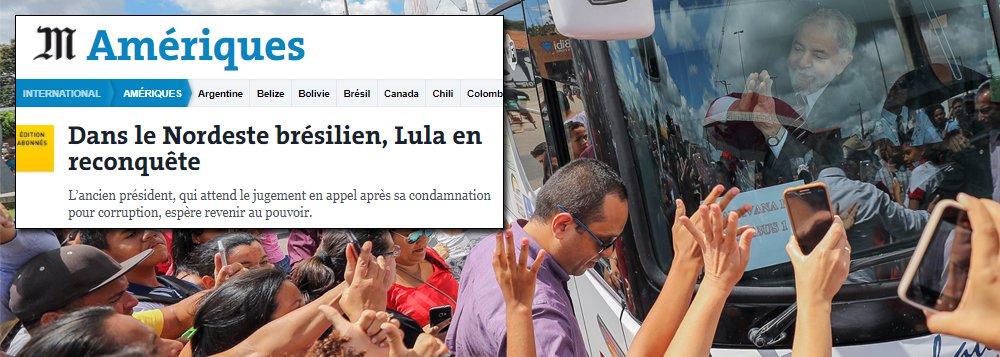 Artigo do jornal francês Le Monde desta segunda-feira (21) dedica quase uma página inteira à caravana do ex-presidente e provável candidato à presidência em 2018, Luiz Inácio Lula da Silva, pelo Nordeste do Brasil; texto da correspondente Claire Gatinois destaca a sua acolhida efusiva nas cidades baianas em que esteve - diz que "ele foi recebido como um deus"; Gatinois descreve como Lula ainda "tenta reacender a batalha entre o povo e as elites", que, no discurso do ex-presidente, encarnam o inimigo (Foto: Aquiles Lins) Artigo do jornal francês Le Monde desta segunda-feira (21) dedica quase uma página inteira à caravana do ex-presidente e provável candidato à presidência em 2018, Luiz Inácio Lula da Silva, pelo Nordeste do Brasil; texto da correspondente Claire Gatinois destaca a sua acolhida efusiva nas cidades baianas em que esteve - diz que "ele foi recebido como um deus"; Gatinois descreve como Lula ainda "tenta reacender a batalha entre o povo e as elites", que, no discurso do ex-presidente, encarnam o inimigo