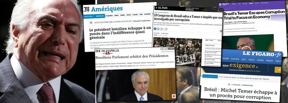 Jornais de vários Países criticaram a anistia que a Câmara deu ao crime de corrupção passiva de Michel Temer; "Se Dilma Rousseff tivesse só a metade da sede de poder e da degeneração moral de Michel Temer, ela ainda estaria no poder", disse o jornal Der Tagesspiegel; já o Die Welt, classificou como "um duro golpe" a permanência de Temer até o fim do mandato; "A credibilidade do Congresso do Brasil continuou em farrapos", definiu o britânico The Guardian sobre a votação dos deputados que blindou Temer (Foto: Aquiles Lins) Jornais de vários Países criticaram a anistia que a Câmara deu ao crime de corrupção passiva de Michel Temer; "Se Dilma Rousseff tivesse só a metade da sede de poder e da degeneração moral de Michel Temer, ela ainda estaria no poder", disse o jornal Der Tagesspiegel; já o Die Welt, classificou como "um duro golpe" a permanência de Temer até o fim do mandato; "A credibilidade do Congresso do Brasil continuou em farrapos", definiu o britânico The Guardian sobre a votação dos deputados que blindou Temer