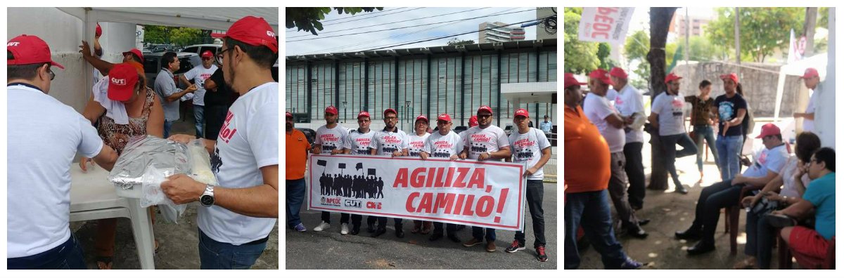 O Sindicato APEOC, que representa os professores da rede estadual de ensino, montou acampamento em frente ao Palácio Abolição nesta quarta-feira (07) para cobrar o acordo firmado que garante a recomposição diferenciada dos profissionais da Educação. O plantão vai até 17h. Os professores querem mais agilidade do Governo do Estado para aprovar, na Assembleia Legislativa, a mensagem que garantiria a recomposição salarial para os professores da ativa e aposentados
(Foto: Fatima 247) O Sindicato APEOC, que representa os professores da rede estadual de ensino, montou acampamento em frente ao Palácio Abolição nesta quarta-feira (07) para cobrar o acordo firmado que garante a recomposição diferenciada dos profissionais da Educação. O plantão vai até 17h. Os professores querem mais agilidade do Governo do Estado para aprovar, na Assembleia Legislativa, a mensagem que garantiria a recomposição salarial para os professores da ativa e aposentados