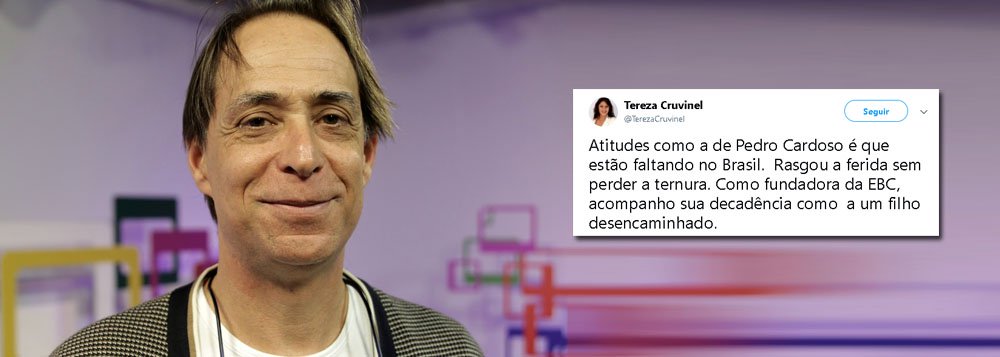 Uma das fundadoras da EBC, a jornalista Tereza Cruvinel, colunista do 247, elogiou no Twitter a atitude do ator Pedro Cardoso, que ontem abandonou o programa Sem Censura em apoio aos trabalhadores que estão em greve na rede pública de comunicação; "Atitudes como a de Pedro Cardoso é que estão faltando no Brasil. Rasgou a ferida sem perder a ternura", disse a jornalista (Foto: Giuliana Miranda) Uma das fundadoras da EBC, a jornalista Tereza Cruvinel, colunista do 247, elogiou no Twitter a atitude do ator Pedro Cardoso, que ontem abandonou o programa Sem Censura em apoio aos trabalhadores que estão em greve na rede pública de comunicação; "Atitudes como a de Pedro Cardoso é que estão faltando no Brasil. Rasgou a ferida sem perder a ternura", disse a jornalista
