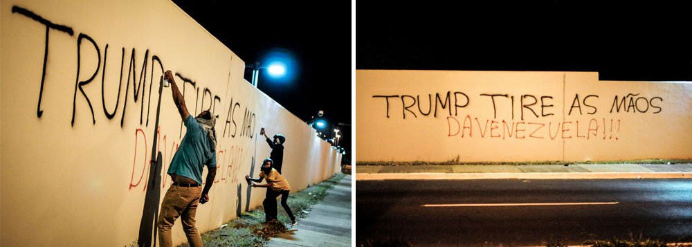 Os muros da embaixada dos Estados Unidos em Brasília foram pixados na noite desta segunda-feira 21 com mensagens críticas ao presidente Donald Trump e mensagens de apoio à Venezuela; "Trump, tire as mãos da Venezuela", diz a frase gravada na parede; em declaração recente, Trump ameaçou a Venezuela com uma intervenção militar (Foto: Gisele Federicce) Os muros da embaixada dos Estados Unidos em Brasília foram pixados na noite desta segunda-feira 21 com mensagens críticas ao presidente Donald Trump e mensagens de apoio à Venezuela; "Trump, tire as mãos da Venezuela", diz a frase gravada na parede; em declaração recente, Trump ameaçou a Venezuela com uma intervenção militar