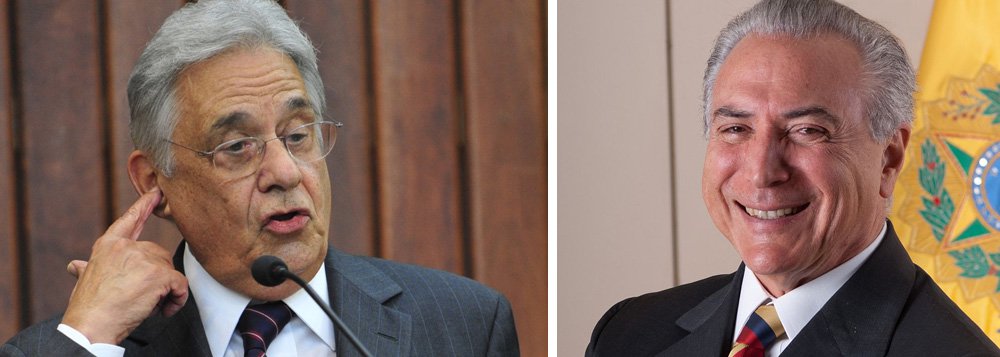 "Fernando Henrique Cardoso não viu nada de comprometedor na fita de Joesley e Temer. Chegou a sugerir renúncia do presidente, mas depois de ouvir a fita, recuou. Ou ele não ouviu direito e não conhece o contexto em que a reunião clandestina se deu – às 11 da noite de domingo, no porão do Jaburu, com Joesley se identificando como Rodrigo – ou sabe de tudo isso e está pouco se lixando se Temer é ou não é corrupto. E quer o partido apoiando Temer", diz o colunista do 247 Alex Solnik sobre a reação do ex-presidente tucano às acusações de corrupção, obstrução da Justiça e associação criminosa que recaem sobre Temer; "PSDB está cometendo o maior erro da sua história. A essa altura, quem está com Temer não é seu aliado, é seu cúmplice" (Foto: Alex Solnik) "Fernando Henrique Cardoso não viu nada de comprometedor na fita de Joesley e Temer. Chegou a sugerir renúncia do presidente, mas depois de ouvir a fita, recuou. Ou ele não ouviu direito e não conhece o contexto em que a reunião clandestina se deu – às 11 da noite de domingo, no porão do Jaburu, com Joesley se identificando como Rodrigo – ou sabe de tudo isso e está pouco se lixando se Temer é ou não é corrupto. E quer o partido apoiando Temer", diz o colunista do 247 Alex Solnik sobre a reação do ex-presidente tucano às acusações de corrupção, obstrução da Justiça e associação criminosa que recaem sobre Temer; "PSDB está cometendo o maior erro da sua história. A essa altura, quem está com Temer não é seu aliado, é seu cúmplice"