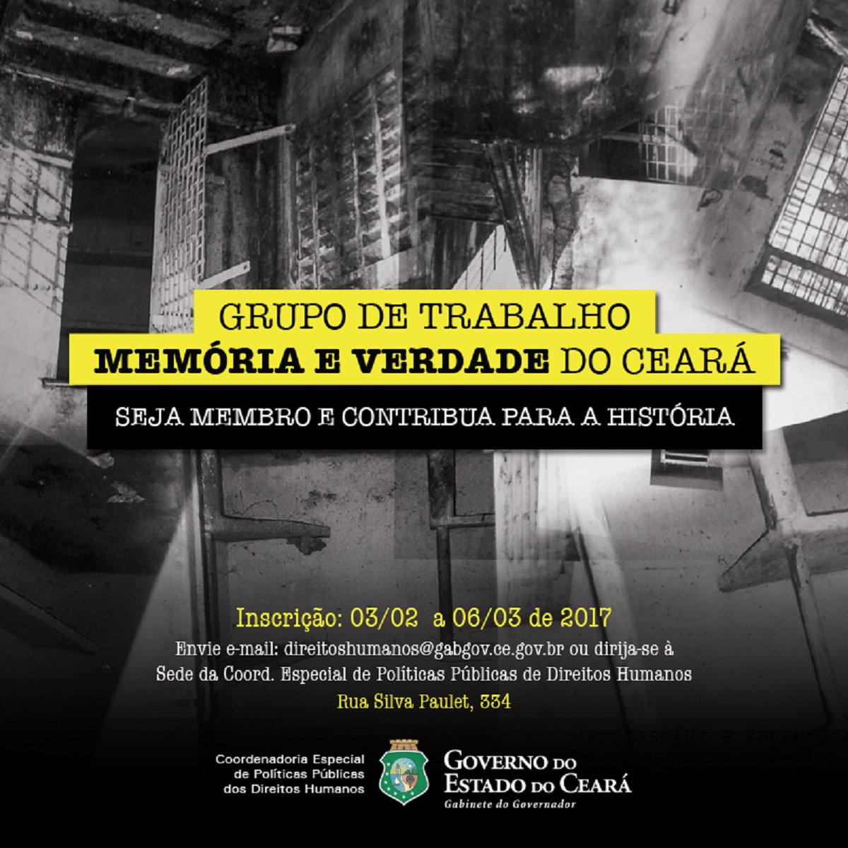 Foram quatro vagas abertas a entidades não governamentais representativas da sociedade civil que possuam atividades reconhecidas no que tange aos direitos culturais, patrimônio histórico e ao direito à memória e à verdade. Em de dezembro de 2016, o governador Camilo Santana, instituiu o Grupo de Trabalho Memória e Verdade do Estado do Ceará, com o objetivo central de estabelecer uma política estadual de memória do Ceará (Foto: Fatima 247) Foram quatro vagas abertas a entidades não governamentais representativas da sociedade civil que possuam atividades reconhecidas no que tange aos direitos culturais, patrimônio histórico e ao direito à memória e à verdade. Em de dezembro de 2016, o governador Camilo Santana, instituiu o Grupo de Trabalho Memória e Verdade do Estado do Ceará, com o objetivo central de estabelecer uma política estadual de memória do Ceará
