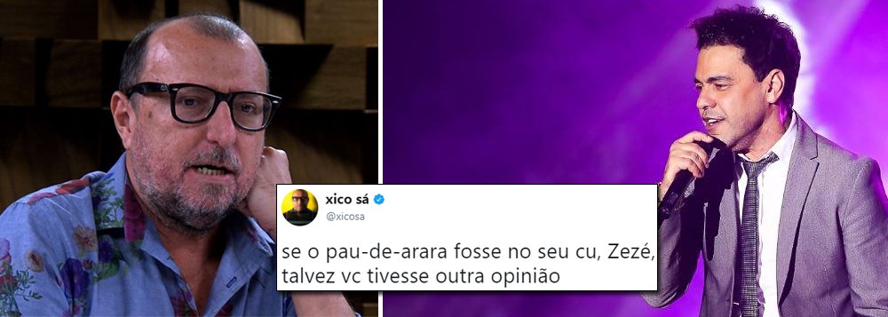 O jornalista Xico Sá criticou o cantor sertanejo Zezé di Camargo, que em entrevista afirmou que "nós não vivíamos numa ditadura, nós vivíamos num militarismo vigiado", sobre a ditadura militar instalada com o golpe de 1964; "Zezé di Camargo reabriu ditabranda inventada pela Folha de S. Paulo. Se tivessem ouvido pelo menos os gritos nos porões jamais falariam isso. Se o pau-de-arara fosse no seu cu, Zezé, talvez vc tivesse outra opinião", disse Xico Sá em sua conta no Twitter (Foto: Aquiles Lins) O jornalista Xico Sá criticou o cantor sertanejo Zezé di Camargo, que em entrevista afirmou que "nós não vivíamos numa ditadura, nós vivíamos num militarismo vigiado", sobre a ditadura militar instalada com o golpe de 1964; "Zezé di Camargo reabriu ditabranda inventada pela Folha de S. Paulo. Se tivessem ouvido pelo menos os gritos nos porões jamais falariam isso. Se o pau-de-arara fosse no seu cu, Zezé, talvez vc tivesse outra opinião", disse Xico Sá em sua conta no Twitter