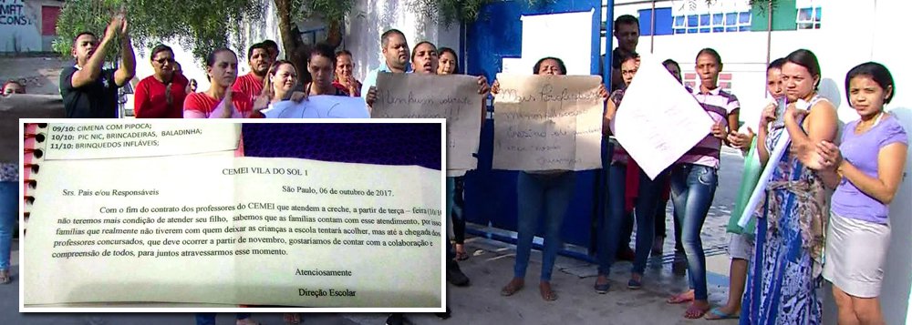Pelo menos sete escolas da zona sul da capital paulista estão dispensando alunos de creche, pré-escola e ensino fundamental por falta de professores por conta da dispensa de professores concursados pela gestão do prefeito João Doria; as escolas enviam bilhetes avisando que no dia seguinte não vai haver aula, mas algumas vezes os pais ficam sabendo na porta da unidade de ensino e têm de se desdobrar para conseguir deixar o filho com parentes ou amigos; a Secretaria municipal de Educação informa, em nota, que as unidades de ensino estão funcionando normalmente sem suspensão de aula ou dispensa de alunos (Foto: Charles Nisz) Pelo menos sete escolas da zona sul da capital paulista estão dispensando alunos de creche, pré-escola e ensino fundamental por falta de professores por conta da dispensa de professores concursados pela gestão do prefeito João Doria; as escolas enviam bilhetes avisando que no dia seguinte não vai haver aula, mas algumas vezes os pais ficam sabendo na porta da unidade de ensino e têm de se desdobrar para conseguir deixar o filho com parentes ou amigos; a Secretaria municipal de Educação informa, em nota, que as unidades de ensino estão funcionando normalmente sem suspensão de aula ou dispensa de alunos