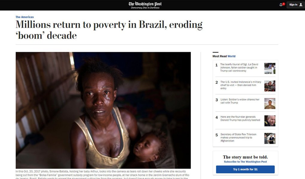 Reportagem da Associated Press, publicada pelo jornal The Washington Post, avalia que depois de uma década sendo visto como exemplo para o mundo, o Brasil está "de volta aos tempos coloniais"; correspondentes Peter Prengaman, Sarah DiLorenzo e Daniel Trielli escrevem que de 2,5 a 3,6 milhões de brasileiros retornaram à linha da pobreza, tendo uma renda média de apenas R$ 140 por mês; devido "à pior recessão da história" e "aos cortes aos programas de subsídio", o País "perdeu o rumo" no caminho de combate à pobreza, destaca a AP (Foto: Aquiles Lins) Reportagem da Associated Press, publicada pelo jornal The Washington Post, avalia que depois de uma década sendo visto como exemplo para o mundo, o Brasil está "de volta aos tempos coloniais"; correspondentes Peter Prengaman, Sarah DiLorenzo e Daniel Trielli escrevem que de 2,5 a 3,6 milhões de brasileiros retornaram à linha da pobreza, tendo uma renda média de apenas R$ 140 por mês; devido "à pior recessão da história" e "aos cortes aos programas de subsídio", o País "perdeu o rumo" no caminho de combate à pobreza, destaca a AP