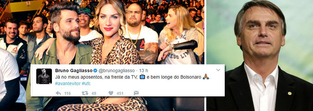 Ator Bruno Gagliasso e sua esposa, a também atriz Giovanna Ewbank, deixaram a arena onde ocorria o UFC 212 mais cedo na noite do sábado, após saber que o deputado federal Jair Bolsonaro (PSC-RJ) também estava presente na área vip do evento; à meia noite ele escreveu que havia deixado o local após encontrar-se e com o parlamentar; "Já nos meus aposentos, na frente da TV e bem longe do Bolsonaro", postou (Foto: Paulo Emílio) Ator Bruno Gagliasso e sua esposa, a também atriz Giovanna Ewbank, deixaram a arena onde ocorria o UFC 212 mais cedo na noite do sábado, após saber que o deputado federal Jair Bolsonaro (PSC-RJ) também estava presente na área vip do evento; à meia noite ele escreveu que havia deixado o local após encontrar-se e com o parlamentar; "Já nos meus aposentos, na frente da TV e bem longe do Bolsonaro", postou
