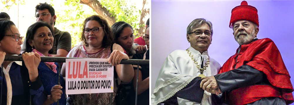 Recebido pelo povo do Piauí como "Doutor do Povo", o ex-presidente Lula recebeu nesta segunda-feira, 4, o quinto título de Doutor Honoris Causa durante sua caravana pelo Nordeste; desta vez pela Universidade Federal do Piauí (UFPI); Lula elogiou os avanços obtidos pelo estado na educação pública e voltou a criticar o governo de Michel Temer e pediu união dos piauienses na luta por mais recursos para a Educação; "Vocês terão de brigar muito Ainda pela educação, porque até o dinheiro do petróleo para educação eles querem acabar", disse Lula; "Se é pra gente ter governo pra fazer o que estão fazendo agora, é melhor a gente colocar o Brasil nas Casas Bahia", criticou Lula sobre o projeto de privatizações do governo de Michel Temer (Foto: Aquiles Lins) Recebido pelo povo do Piauí como "Doutor do Povo", o ex-presidente Lula recebeu nesta segunda-feira, 4, o quinto título de Doutor Honoris Causa durante sua caravana pelo Nordeste; desta vez pela Universidade Federal do Piauí (UFPI); Lula elogiou os avanços obtidos pelo estado na educação pública e voltou a criticar o governo de Michel Temer e pediu união dos piauienses na luta por mais recursos para a Educação; "Vocês terão de brigar muito Ainda pela educação, porque até o dinheiro do petróleo para educação eles querem acabar", disse Lula; "Se é pra gente ter governo pra fazer o que estão fazendo agora, é melhor a gente colocar o Brasil nas Casas Bahia", criticou Lula sobre o projeto de privatizações do governo de Michel Temer