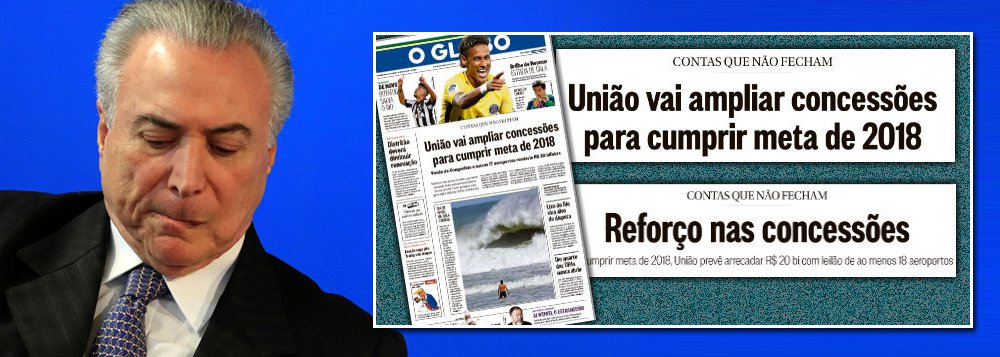 "Na manchete de O Globo, o 'projeto econômico' do Governo para aumentar "só" em 20 ou 30 bilhões o rombo das contas públicas para 2018. É algo de imensa complexidade e de elevada teoria econômica: vender tudo o que for possível vender, do jeito que for possível, sem muitas considerações sobre preço, oportunidade, conveniência, papel estratégico...", avalia o jornalista Fernando Brito sobre a situação das contas do governo de Michel Temer; "Providência em relação à receita corrente, aquela que sustenta 'a casa'? Zero: nenhuma medida para destravar investimento ou consumo, nenhuma medida para mudar a tributação injusta, nada para corrigir as distorções que façam os ricos pagarem pouco e sonegarem muito e os pobres pagarem em demasia", diz Brito (Foto: Aquiles Lins) "Na manchete de O Globo, o 'projeto econômico' do Governo para aumentar "só" em 20 ou 30 bilhões o rombo das contas públicas para 2018. É algo de imensa complexidade e de elevada teoria econômica: vender tudo o que for possível vender, do jeito que for possível, sem muitas considerações sobre preço, oportunidade, conveniência, papel estratégico...", avalia o jornalista Fernando Brito sobre a situação das contas do governo de Michel Temer; "Providência em relação à receita corrente, aquela que sustenta 'a casa'? Zero: nenhuma medida para destravar investimento ou consumo, nenhuma medida para mudar a tributação injusta, nada para corrigir as distorções que façam os ricos pagarem pouco e sonegarem muito e os pobres pagarem em demasia", diz Brito