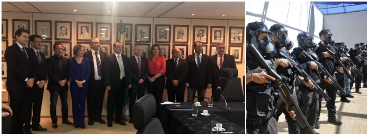 Os parlamentares da bancada do Tocantins no Congresso e gestores do governo estadual se reuniram com o ministro da Justiça, Osmar Serraglio, para apresentar as demandas nas quais o executivo pretende investir a verba de R$ 84,6 milhões; ficou definido que o recurso será destinado a investimentos na estruturação das três corporações policiais do Tocantins – Polícia Civil, Polícia Militar e Corpo de Bombeiros Militar; parte do dinheiro também será investido no sistema de monitoramento de segurança pública dos municípios de Araguaína, Gurupi e Porto Nacional (Foto: Leonardo Lucena) Os parlamentares da bancada do Tocantins no Congresso e gestores do governo estadual se reuniram com o ministro da Justiça, Osmar Serraglio, para apresentar as demandas nas quais o executivo pretende investir a verba de R$ 84,6 milhões; ficou definido que o recurso será destinado a investimentos na estruturação das três corporações policiais do Tocantins – Polícia Civil, Polícia Militar e Corpo de Bombeiros Militar; parte do dinheiro também será investido no sistema de monitoramento de segurança pública dos municípios de Araguaína, Gurupi e Porto Nacional