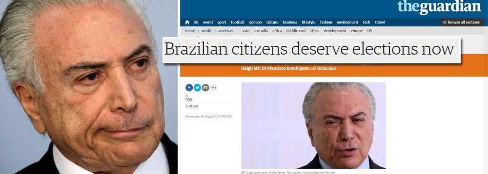 Um carta redigida por acadêmicos, intelectuais e políticos britânicos, publicada no jornal The Guardian, clama por novas eleições no Brasil; o texto diz que os brasileiros merecem novas eleições "agora"; a carta afirma que desde a saída de Dilma Rousseff, o governo ilegítimo de Michel Temer mostrou suas "verdadeiras cores com duras políticas de austeridade"; "Apesar de não ter mandato, o governo reverteu programas sociais que tiraram 40 milhões de pessoas da pobreza. Suas políticas mergulharam a economia em uma crise mais profunda", diz o texto (Foto: José Barbacena) Um carta redigida por acadêmicos, intelectuais e políticos britânicos, publicada no jornal The Guardian, clama por novas eleições no Brasil; o texto diz que os brasileiros merecem novas eleições "agora"; a carta afirma que desde a saída de Dilma Rousseff, o governo ilegítimo de Michel Temer mostrou suas "verdadeiras cores com duras políticas de austeridade"; "Apesar de não ter mandato, o governo reverteu programas sociais que tiraram 40 milhões de pessoas da pobreza. Suas políticas mergulharam a economia em uma crise mais profunda", diz o texto
