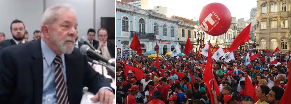 O ex-presidente Lula participa no começo desta noite, em Curitiba, de ato em sua solidariedade e contra os estragos da lava jato na democracia e na economia brasileiras; após levar uma "sabugada" do petista ao final do depoimento, o juiz Sérgio Moro mandou cortar a gravação da audiência; evento na Praça Generoso Marques, centro da capital paranaense (Foto: Aquiles Lins) O ex-presidente Lula participa no começo desta noite, em Curitiba, de ato em sua solidariedade e contra os estragos da lava jato na democracia e na economia brasileiras; após levar uma "sabugada" do petista ao final do depoimento, o juiz Sérgio Moro mandou cortar a gravação da audiência; evento na Praça Generoso Marques, centro da capital paranaense