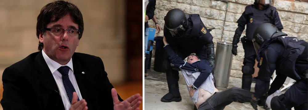 O líder da Catalunha, Carles Puigdemont, disse nesta segunda-feira que não busca uma separação "traumática" da Espanha, mas um novo entendimento, um dia depois de centenas de pessoas terem ficado feridas devido à ação da polícia para tentar impedir à força a realização de um referendo de independência; Puigdemont disse que a votação, que atraiu milhões de eleitores desafiadores apesar de o Tribunal Constitucional da Espanha tê-la declarado ilegal, foi válida e vinculante e que "temos que aplicá-la" (Foto: Aquiles Lins) O líder da Catalunha, Carles Puigdemont, disse nesta segunda-feira que não busca uma separação "traumática" da Espanha, mas um novo entendimento, um dia depois de centenas de pessoas terem ficado feridas devido à ação da polícia para tentar impedir à força a realização de um referendo de independência; Puigdemont disse que a votação, que atraiu milhões de eleitores desafiadores apesar de o Tribunal Constitucional da Espanha tê-la declarado ilegal, foi válida e vinculante e que "temos que aplicá-la"