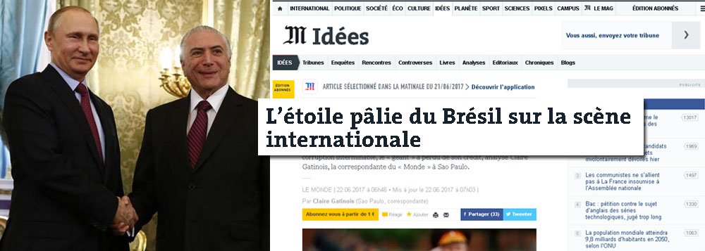 Maior jornal da França diz que o Brasil, sob o comando de Michel Temer, se tornou uma "estrela pálida na cena internacional"; reportagem diz que o presidente brasileiro ignorou a ameaça da Justiça e foi para Rússia em viagem oficial, posando até mesmo ao lado do chefe de Estado russo Vladimir Putin em um espetáculo do balé Bolshoi, em Moscou, "determinado a mostrar que seu país não está paralisado" e tentando convencer os outros países que o Brasil não se transformou em uma República das Bananas; segundo o Le Monde, porém, a tentativa é em vão; a crise moral no país se aprofunda e o mergulha em um ostracismo diplomático, aponta o diário francês (Foto: Felipe L. Goncalves) Maior jornal da França diz que o Brasil, sob o comando de Michel Temer, se tornou uma "estrela pálida na cena internacional"; reportagem diz que o presidente brasileiro ignorou a ameaça da Justiça e foi para Rússia em viagem oficial, posando até mesmo ao lado do chefe de Estado russo Vladimir Putin em um espetáculo do balé Bolshoi, em Moscou, "determinado a mostrar que seu país não está paralisado" e tentando convencer os outros países que o Brasil não se transformou em uma República das Bananas; segundo o Le Monde, porém, a tentativa é em vão; a crise moral no país se aprofunda e o mergulha em um ostracismo diplomático, aponta o diário francês
